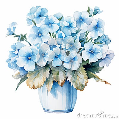 Accurate And Detailed Watercolor Blue Flowers In Floral Vase Cartoon Illustration