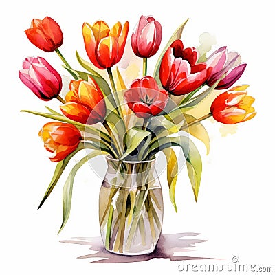 Accurate And Detailed Watercolor Bouquet Of Tulips In Vase Stock Photo