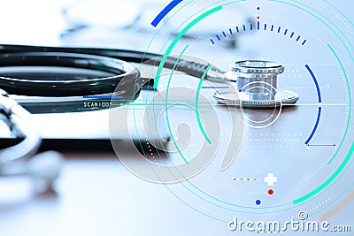 Accurate diagnosis appropriate treatment medical concept.Doctor hand working with stethoscope and laptop computer digital tablet w Stock Photo