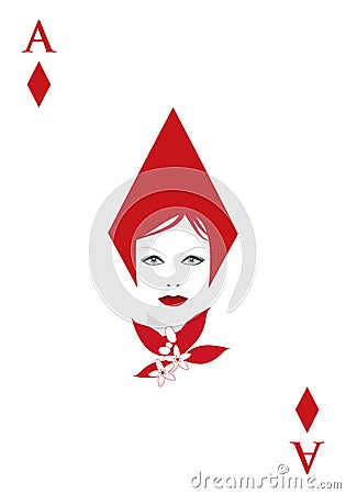 Ace of diamonds with a woman`s face adorned with flowers and leaves Stock Photo