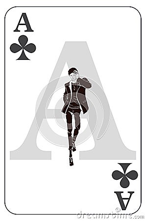 Ace. Playing card with a Clovers sign. Game ace symbol. Isolated card with a fashionable bearded man Vector Illustration