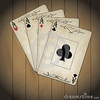 Ace of spades, ace of hearts, ace of diamonds, ace of clubs poker cards old look varnished wood background Vector Illustration