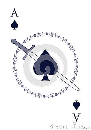 Ace of spades crossed with a sword, surrounded by a garland of leaves. Stock Photo