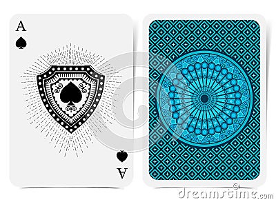 Ace of spades face and back side with blue suit. Vector card template Vector Illustration