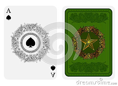 Ace of spades face with spades in center of flower pattern round frame and back with gold star with pattern on green suit Vector Illustration