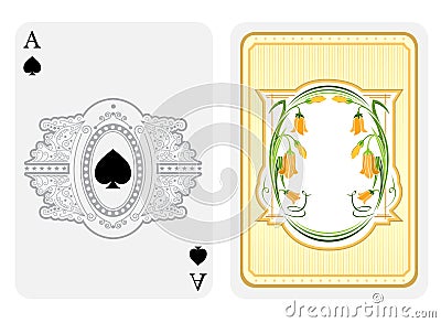 Ace of spades face with curly pattern frame with spades in center and back with vintage flower elements on suit Vector Illustration