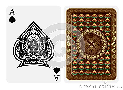 Ace of spades face with floral pattern inside spades form and back with gold yellow flower texture on suit. Vector Illustration