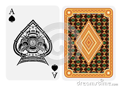 Ace of spades face with heraldic element with crossed swords inside spades form and back with gold yellow flower texture on suit Vector Illustration