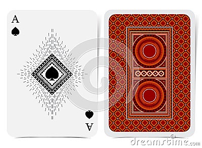 Ace of spades face with spades inside square frame and back with red suit. Vector card template Vector Illustration