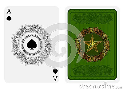 Ace of spades face with spades in center of flower pattern round frame and back with gold star with pattern on green suit. Vector Illustration