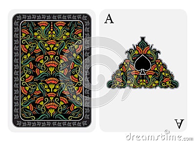 Ace of spades face with spades inside flower pattern frame and bright plant on black suit. Vector card Vector Illustration