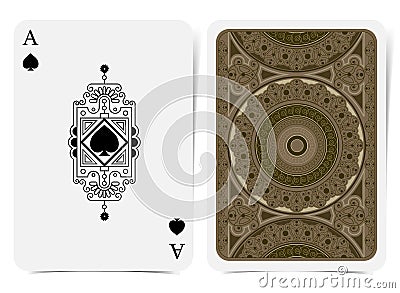 Ace of spades face with spades inside line pattern frame and back with brown geometrical pattern suit. Vector Illustration