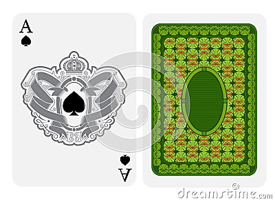 Ace of spades face with spades inside oval frame in center and ribbon pattern around and back with green geometrical texture on su Vector Illustration