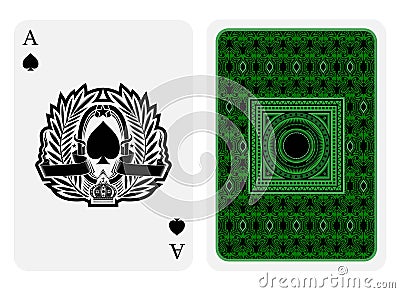 Ace of spades face with spades inside palm wreath and back green suit. Vector card template Vector Illustration