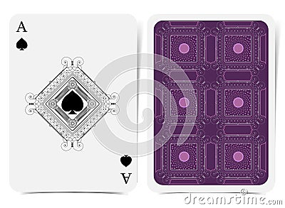 Ace of spades face with spades inside rombus curly line frame and back with violet geometrical pattern suit. Vector Illustration