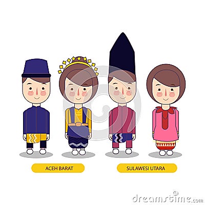 Aceh Barat and Sulawesi Utara traditional national clothes of Indonesia. Set of cartoon characters in traditional Vector Illustration