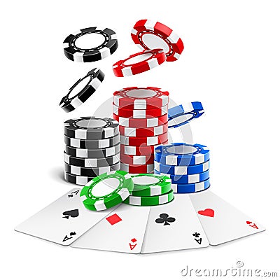 Aces lying near realistic casino chips, cards Vector Illustration