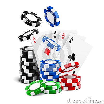 Aces lying near realistic casino chips, cards Vector Illustration