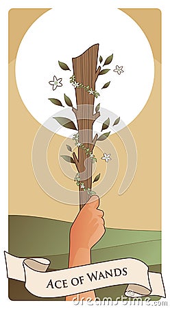 Aces of Tarot Cards. Wands. Hand holding a rod surrounded by leaves and flowers on sun and green field in the background Stock Photo