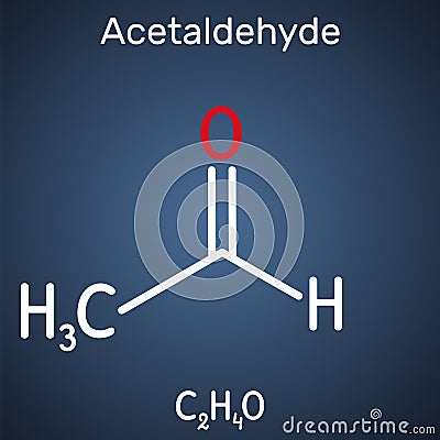 Acetaldehyde, ethanal, CH3CHO molecule. It is ketone, is used in the manufacture of acetic acid, perfumes, dyes, drugs, as a Vector Illustration