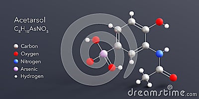 acetarsol molecule 3d rendering, flat molecular structure with chemical formula and atoms color coding Stock Photo