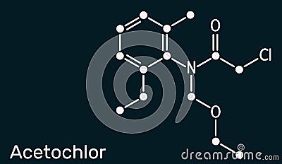 Acetochlor molecule. It is chloroacetanilide, herbicide, a xenobiotic and an environmental contaminant. Skeletal chemical formula Stock Photo