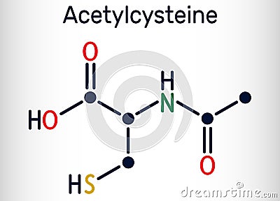 Acetylcysteine, N-acetylcysteine, NAC drug molecule. It is an antioxidant and glutathione inducer. Skeletal chemical Vector Illustration