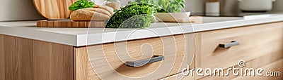 Achieve an Efficient Minimalist Kitchen Design Streamlined Functionality with Tidy Drawers, Practical Organization, and Natural Stock Photo
