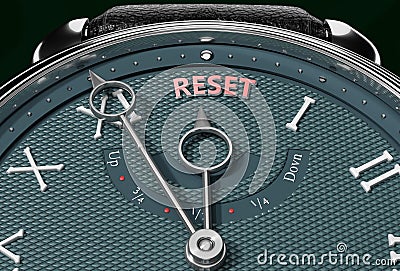 Achieve Reset, come close to Reset or make it nearer or reach sooner - a watch symbolizing short time between now and Reset., 3d Cartoon Illustration