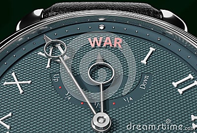 Achieve War, come close to War or make it nearer or reach sooner - a watch symbolizing short time between now and War., 3d Cartoon Illustration