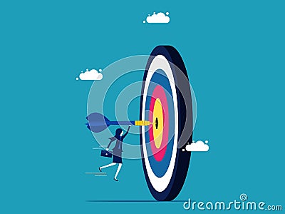 Achieve your goals. Businesswoman throwing darts into the target vector Vector Illustration