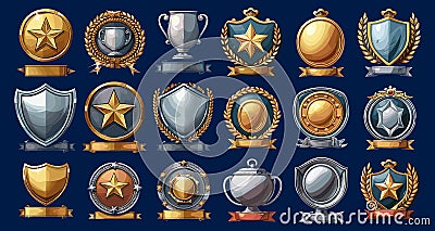 Achievement badges. Winning icons, champ icons, recognition awards, win cups, award best achievable shields symbols Vector Illustration