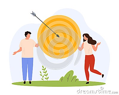 Achievement of mission objective, focus on goal, tiny people hit target with arrow Vector Illustration