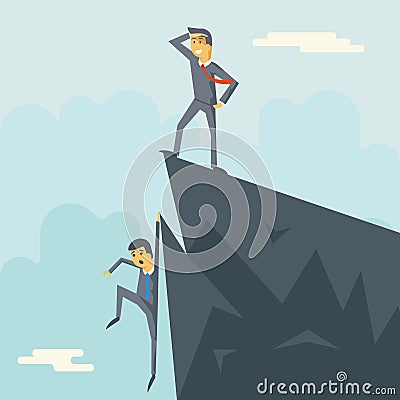 Achievement Top Point Goal Businessman Characters Symbol Mountain clouds Icon on Stylish Background Modern Flat Design Vector Illustration