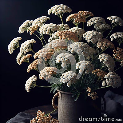 Achillea millefolium isolated on black background. Flowers and plants in spring. AI generated Stock Photo