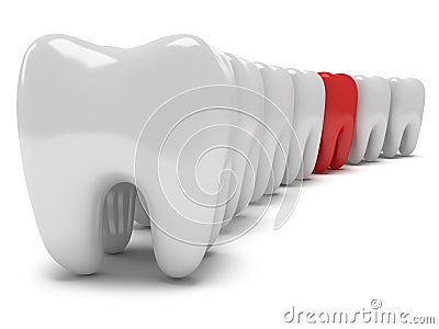 Aching tooth in row of healthy teeth Stock Photo