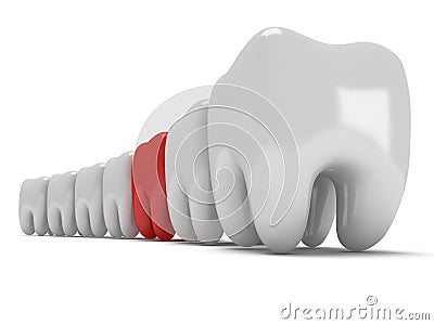 Aching tooth in row of healthy teeth Stock Photo