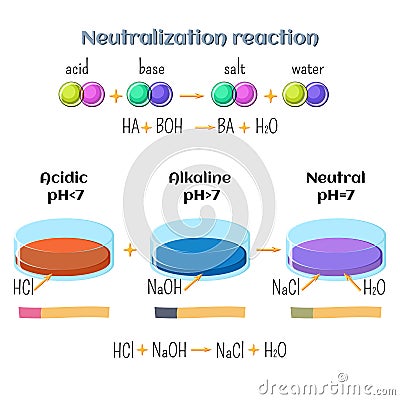 Acid-base, neutralization reaction of hydrochloric acid and sodium hydroxide. Types of chemical reactions, part 6 of 7. Vector Illustration