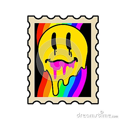 Acid postage stamp with yellow smile face Vector Illustration
