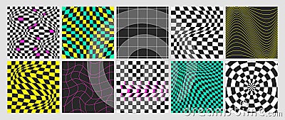 Acid psychedelic checkerboard backgrounds with seamless pattern with warped grid tile and distorted lines Stock Photo