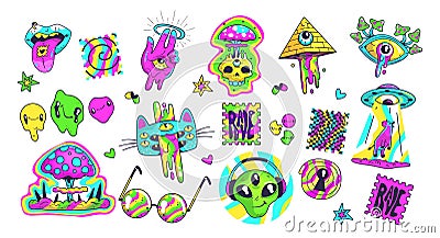 Acid psychedelic stickers. Trippy trendy sticker in crazy cartoon style 80s 60s, surreal abstract bright patch weird Vector Illustration