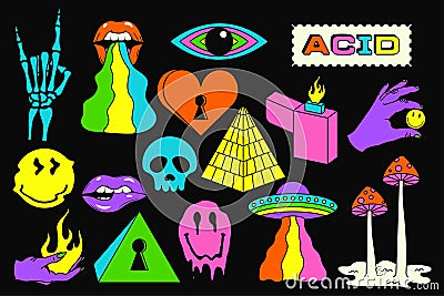 Acid sticker set. Acidic abstract smiles, objects and icons. Funny color pictures in trendy psychedelic style. Vector Vector Illustration