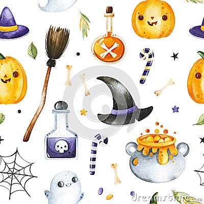 Ackground with candies,spider web,hats,pumpkins,ghost Stock Photo