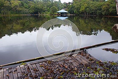 aco lake and buildings with blue roofs Stock Photo