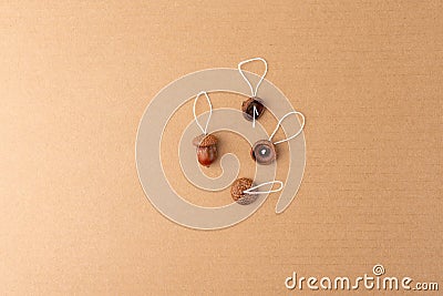 Acorn and caps lineup on cardboard, acorn caps with string loops, complete acorn with string, creative nature craft Stock Photo