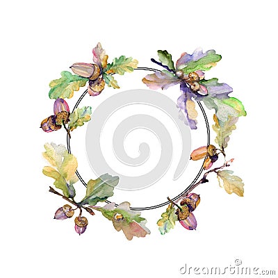 Acorn green leaves and nuts. Watercolor background illustration set. Frame border ornament square. Cartoon Illustration