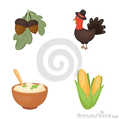 Acorns, corn.arthene puree, festive turkey,Canada thanksgiving day set collection icons in cartoon style vector symbol Vector Illustration