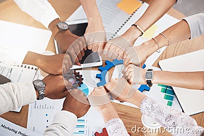 Acounting team, collaboration and hands for collaboration, teamwork and diversity during meeting for motivation Stock Photo