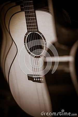 Acoustic classical guitars with strings in shop Stock Photo