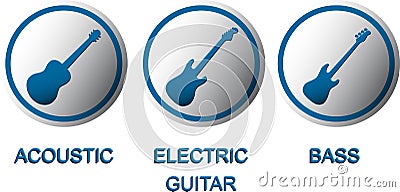 Acoustic, electric and bass guitar buttons Vector Illustration